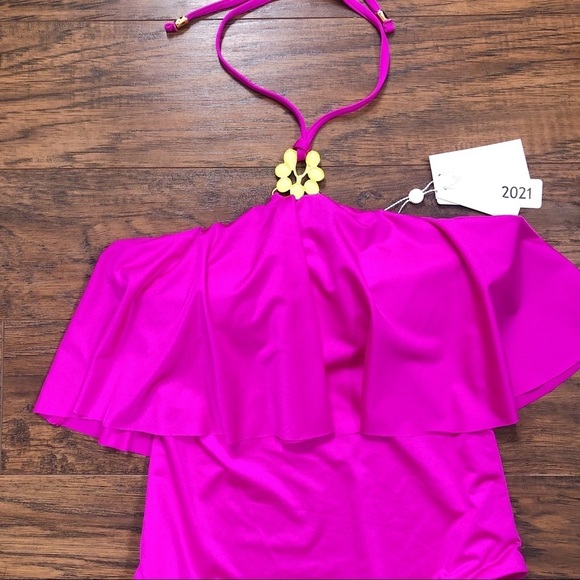 Trina Turk • halter high neck swimsuit one piece orchid flounce fuchsia pink - Picture 4 of 14